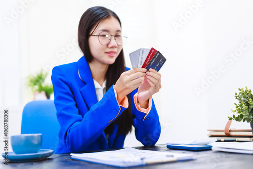 An Asian woman sits at her desk, surrounded by files , embodying dedication and professionalism in her work.