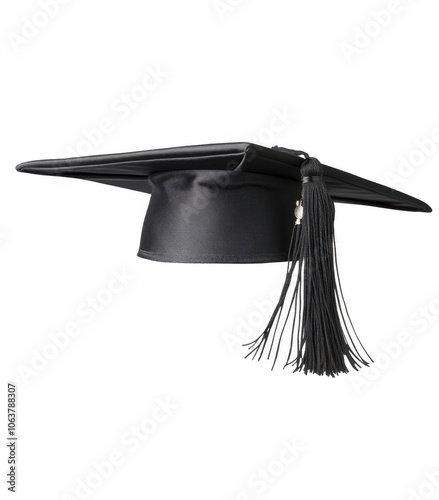 Black graduation cap with tassel on transparent background, PNG 