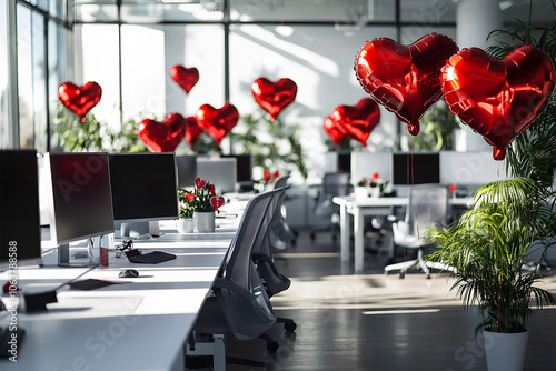 Modern office workspace decorated with red heart shaped foil balloons near each table, white interior, openspace office, grey chairs, monitors on white tables, green plants, Valentine's Day, sun light photo