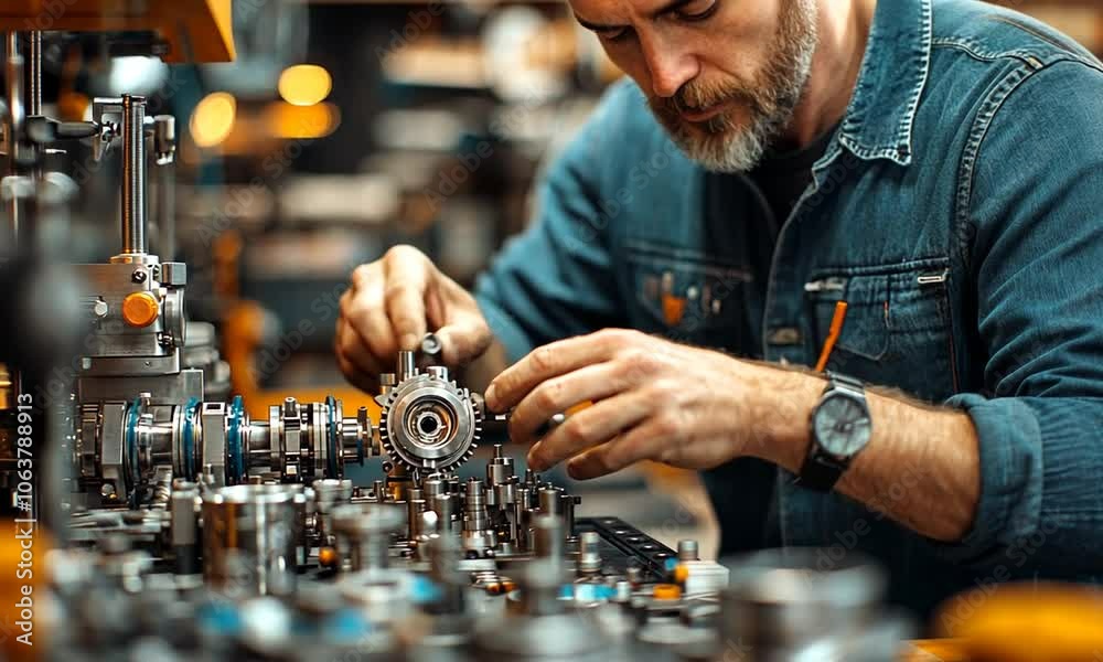 A technician meticulously assembling mechanical components. A technician meticulously assembling mechanical components.