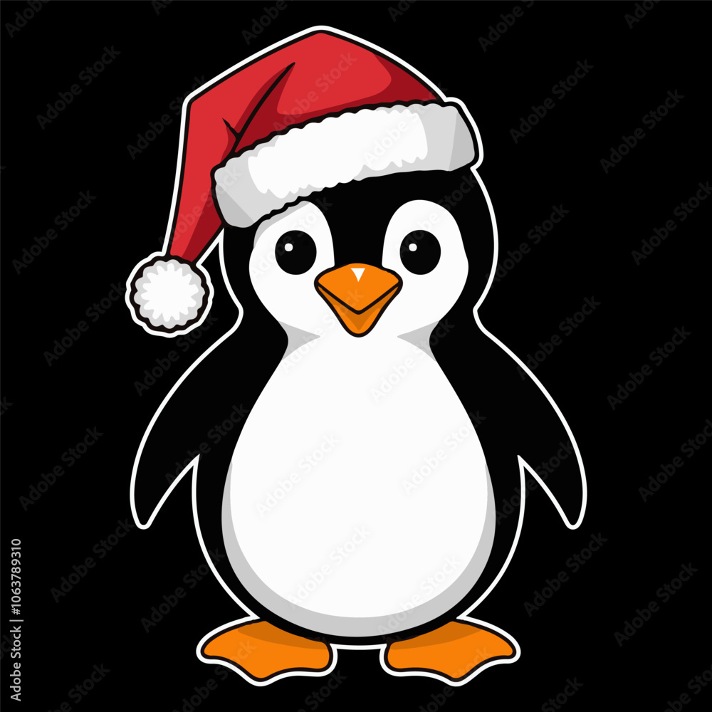 Fototapeta premium Cute Christmas penguin character with santa hat vector illustration