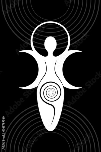 Wiccan Woman Logo triple moon goddess, spiral of fertility, Pagan Symbols, cycle of life, death and rebirth. Wicca mother earth symbol of sexual procreation, white vector sign icon isolated on black