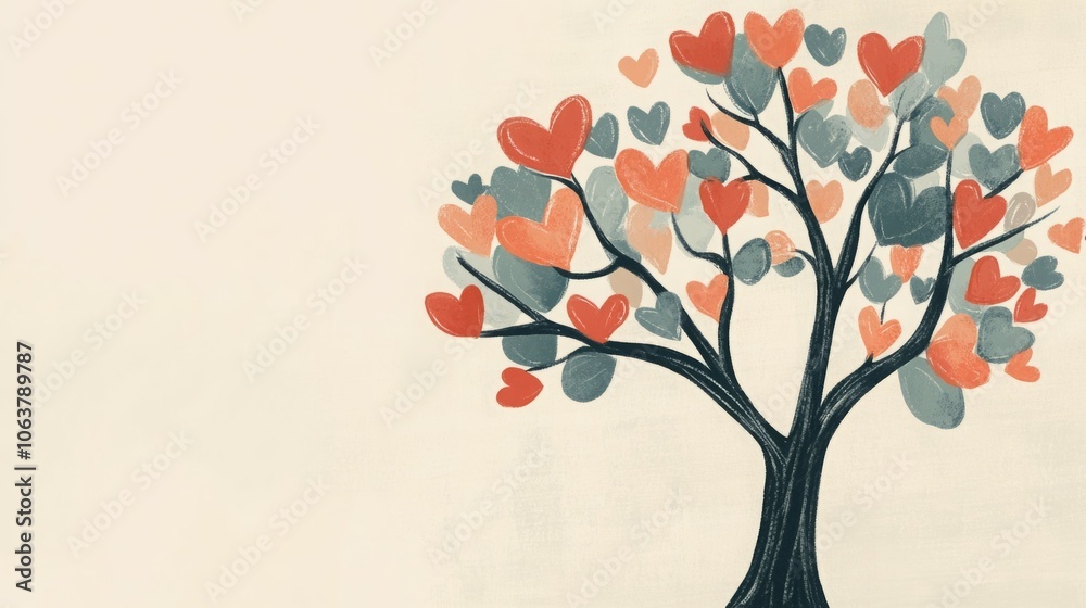 Obraz premium Colorful tree with heart-shaped leaves on a light background, exuding warmth and love.