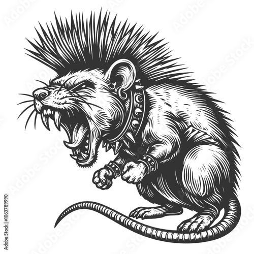 punk rat with a mohawk, piercings, and tattoos, wearing a leather jacket, drawn in an engraving style sketch engraving generative ai vector illustration. Scratch board imitation. Black and white image
