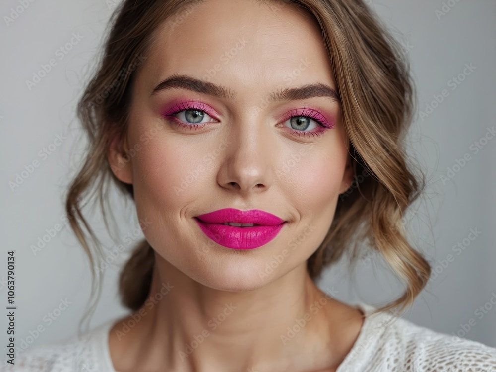A captivating portrait of a woman showcasing her stunning eyes and beautifully shaped lips, radiating confidence and charm against a soft background A captivating portrait of a woman showcasing her stunning eyes and beautifully shaped lips, radiating confidence and charm against a soft background