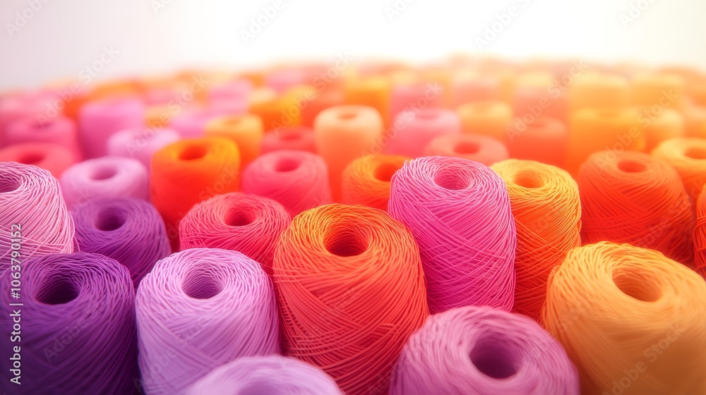 An array of yarn spools arranged in vibrant, warm colors that create a striking gradient from soft purples and pinks to bold oranges and yellows. An array of yarn spools arranged in vibrant, warm colors that create a striking gradient from soft purples and pinks to bold oranges and yellows.