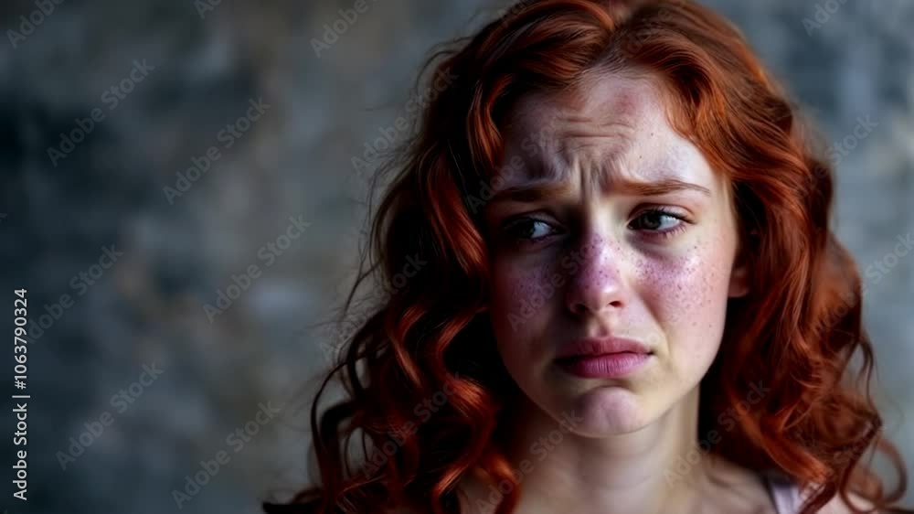 Red-haired woman looking distressed against dark background Red-haired woman looking distressed against dark background
