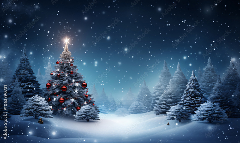 A Christmas tree in a winter snowy landscape, creating a festive and wintry visual with a Christmas greeting. Background for Christmas greeting card. A Christmas tree in a winter snowy landscape, creating a festive and wintry visual with a Christmas greeting. Background for Christmas greeting card.