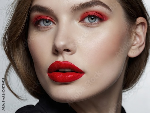 A striking portrait of a woman with mesmerizing eyes and luscious lips, embodying elegance and confidence in her serene expression