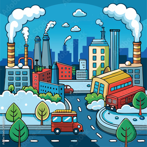 Cartoon Industrial Cityscape with Factories and Vehicles