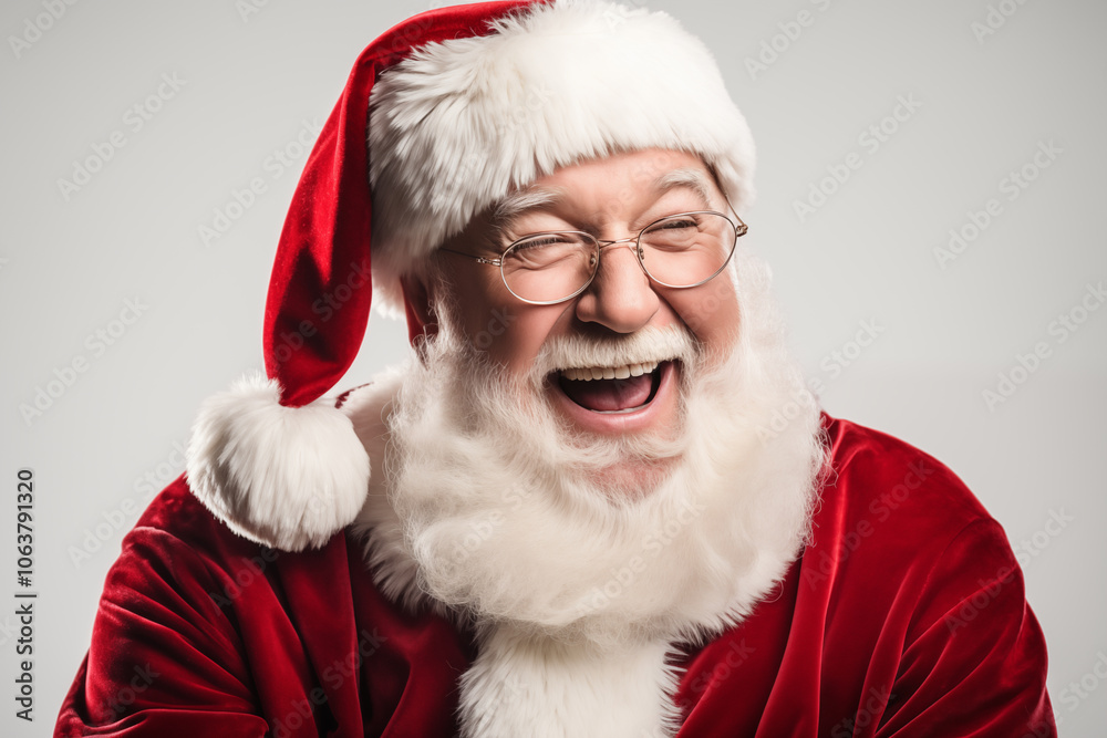 Joyful Santa Claus in a festive red suit and hat, spreading holiday cheer with a hearty laugh against a simple backdrop Joyful Santa Claus in a festive red suit and hat, spreading holiday cheer with a hearty laugh against a simple backdrop
