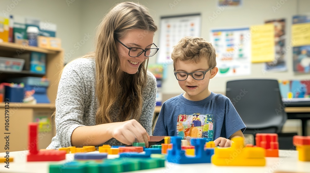 Fototapeta premium A teacher and child engaging in creative play with colorful blocks, fostering learning and imagination