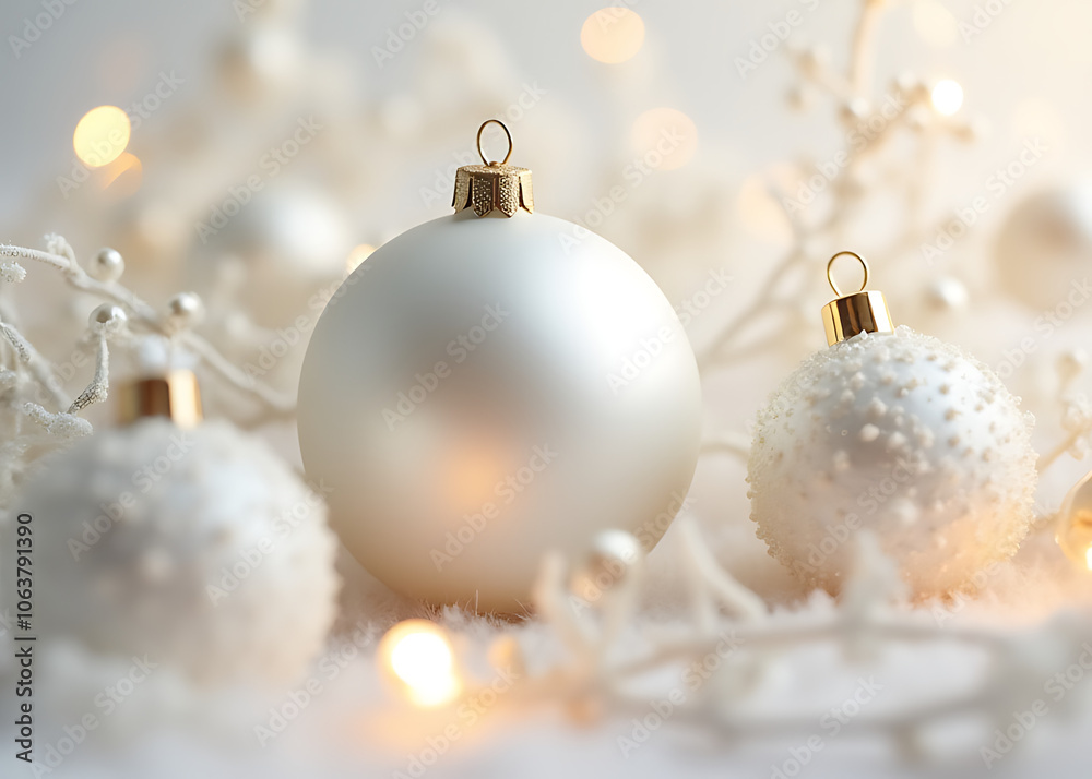 Softly glowing minimalist white Christmas ornaments and lustrous pearl accents adorn a serene backdrop of elegance Softly glowing minimalist white Christmas ornaments and lustrous pearl accents adorn a serene backdrop of elegance