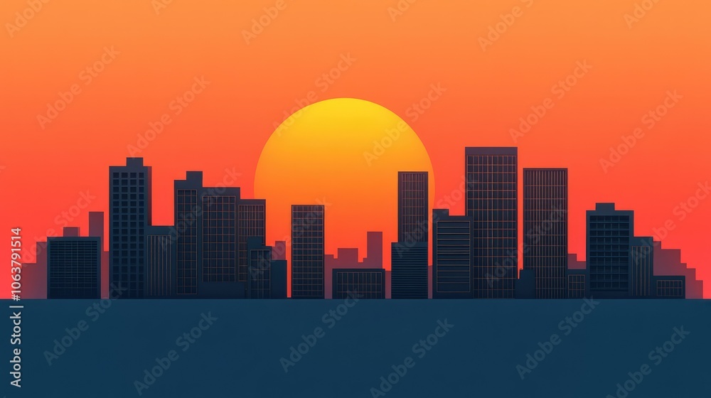Fototapeta premium A vibrant sunset casts a warm glow over a modern city skyline, showcasing silhouettes of skyscrapers against a colorful evening sky.