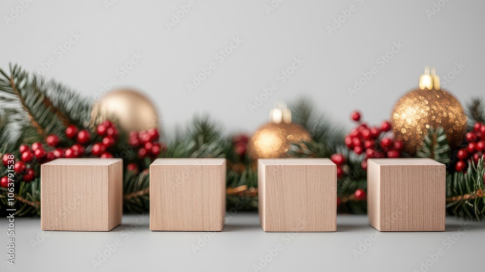 A minimalist setup with four wooden cubes in a row against a background of festive decorations, including pine branches, red berries, and golden baubles, 3D Mockup A minimalist setup with four wooden cubes in a row against a background of festive decorations, including pine branches, red berries, and golden baubles, 3D Mockup