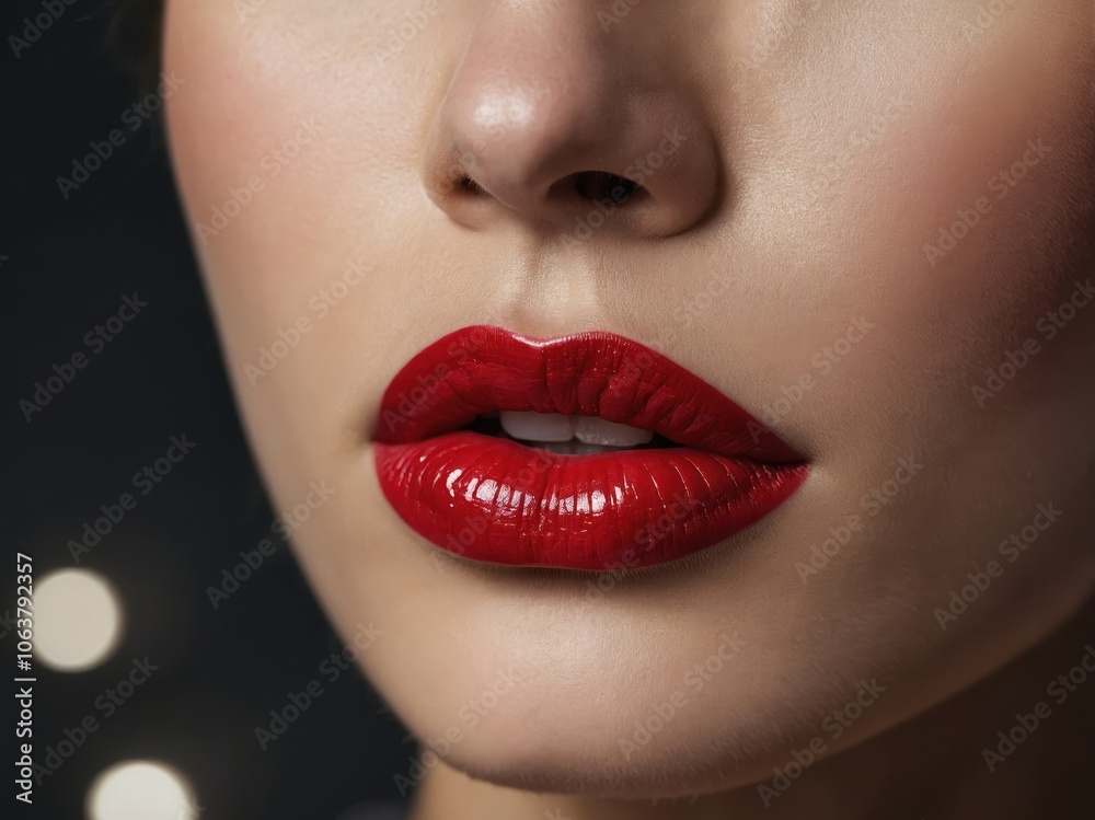 Obraz premium A close-up of a woman’s lips with deep red lipstick, highlighting their fullness and shine, creating a captivating and glamorous look