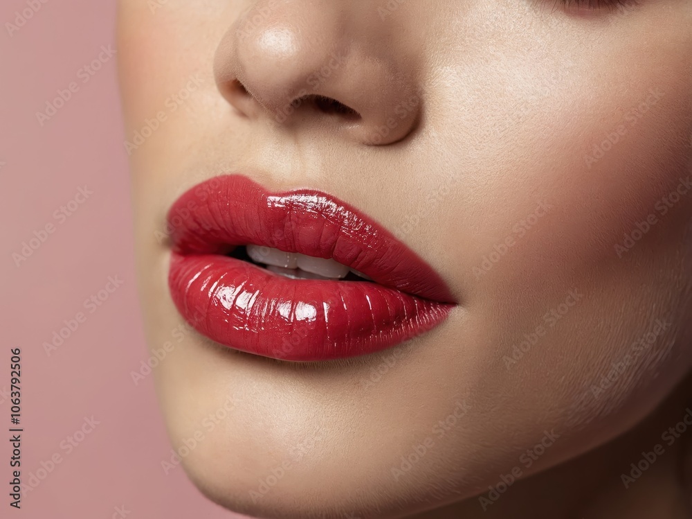 Close-up of woman’s lips with rich, matte red lipstick, emphasizing their smooth texture and bold, striking color, creating a sophisticated look Close-up of woman’s lips with rich, matte red lipstick, emphasizing their smooth texture and bold, striking color, creating a sophisticated look