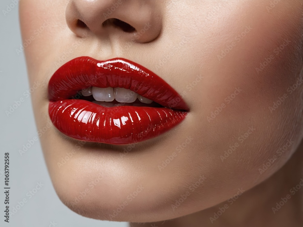 Fototapeta premium A close-up of a woman’s lips with deep red lipstick, highlighting their fullness and shine, creating a captivating and glamorous look