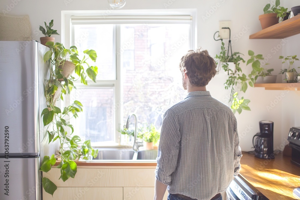 Man in kitchen with plants looking out window Man in kitchen with plants looking out window
