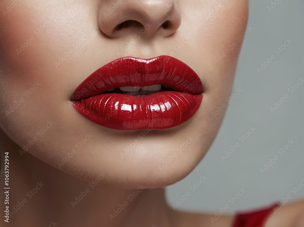 Close-up of a woman’s lips elegantly coated in vibrant red lipstick, showcasing a bold, glossy finish and smooth texture Close-up of a woman’s lips elegantly coated in vibrant red lipstick, showcasing a bold, glossy finish and smooth texture