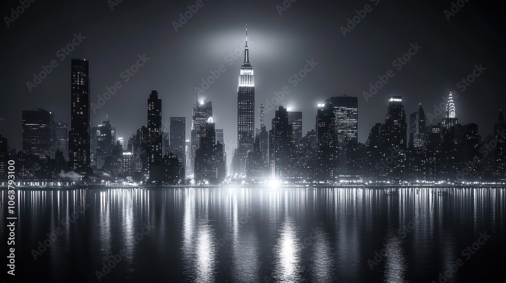 A panoramic view of a city skyline at night, with skyscrapers illuminated by bright lights, reflecting in the water. A panoramic view of a city skyline at night, with skyscrapers illuminated by bright lights, reflecting in the water.
