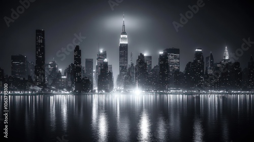 A panoramic view of a city skyline at night, with skyscrapers illuminated by bright lights, reflecting in the water.