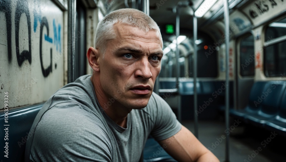 Intense Young Fighter in Abandoned Subway Train Intense Young Fighter in Abandoned Subway Train
