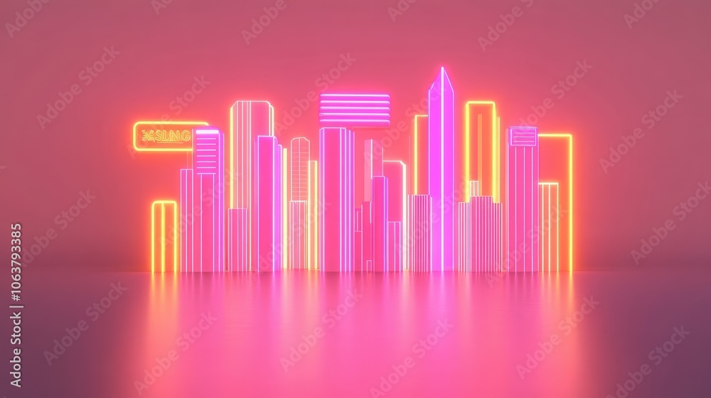 A vibrant neon skyline featuring colorful light bars against a soft pink background, creating a modern, futuristic atmosphere. A vibrant neon skyline featuring colorful light bars against a soft pink background, creating a modern, futuristic atmosphere.