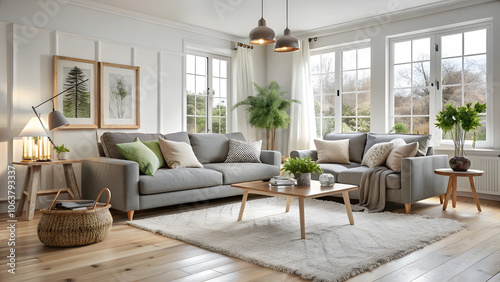 Cozy Nordic Living Room with White Wood Flooring and Wool Rug. Perfect for: Winter holidays, family homes