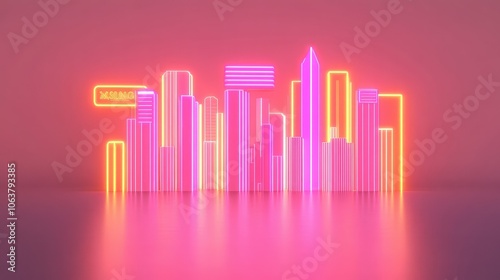 A vibrant neon skyline featuring colorful light bars against a soft pink background, creating a modern, futuristic atmosphere.