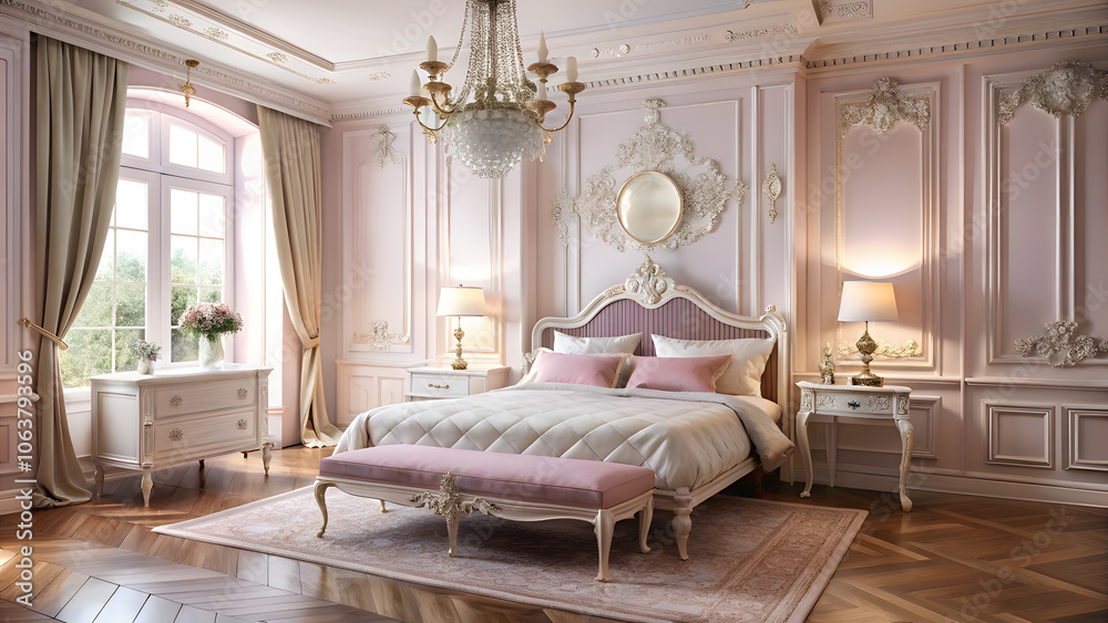 Fototapeta premium Elegant French Bedroom with Crystal Chandelier and Pink Walls. Perfect for: Valentine’s Day, anniversaries