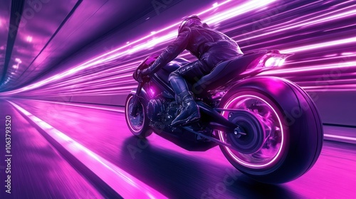 A motorcyclist speeds through a neon-lit tunnel, leaving a trail of light behind. photo