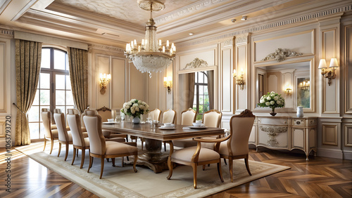 Neo-Classical Dining Room with Beige Walls and Metallic Chandeliers. Perfect for: Gala dinners, formal events photo