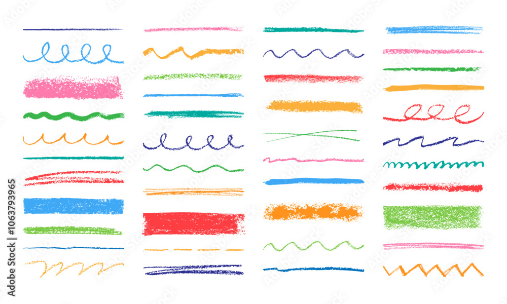 Pencil brush strokes. Grunge crayon texture. Color grungy stain and line. Thick and thin, curly stripes. Wavy paint brushes, pen lines. Hand drawn scribbles vector elements Pencil brush strokes. Grunge crayon texture. Color grungy stain and line. Thick and thin, curly stripes. Wavy paint brushes, pen lines. Hand drawn scribbles vector elements