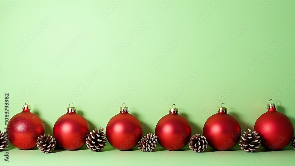 Red Christmas ornaments and pinecones arranged in a row against a soft green background create a festive atmosphere Red Christmas ornaments and pinecones arranged in a row against a soft green background create a festive atmosphere