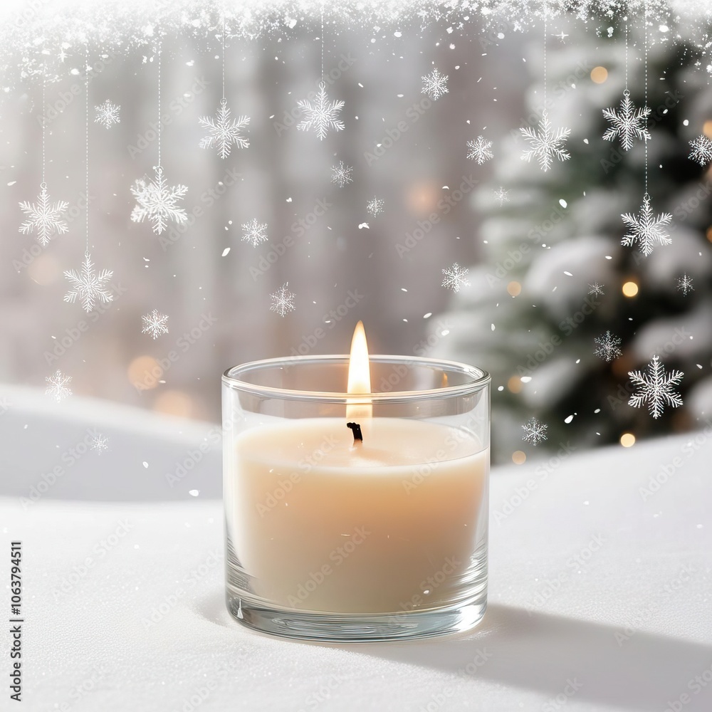 A cozy candle burns softly, surrounded by snowy decorations, creating a warm ambiance in a festive setting. A cozy candle burns softly, surrounded by snowy decorations, creating a warm ambiance in a festive setting.