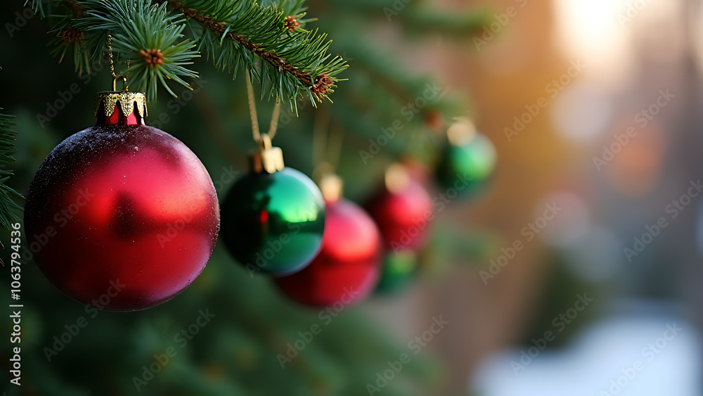 Red and green Christmas balls hang from trees as festive holiday ornaments throughout the house and yard decorations Red and green Christmas balls hang from trees as festive holiday ornaments throughout the house and yard decorations