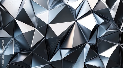 A futuristic low-poly seamless pattern with metallic-looking facets in silver, gray, and black, creating a sleek and modern design for fashion textiles, tech branding, or digital backgrounds