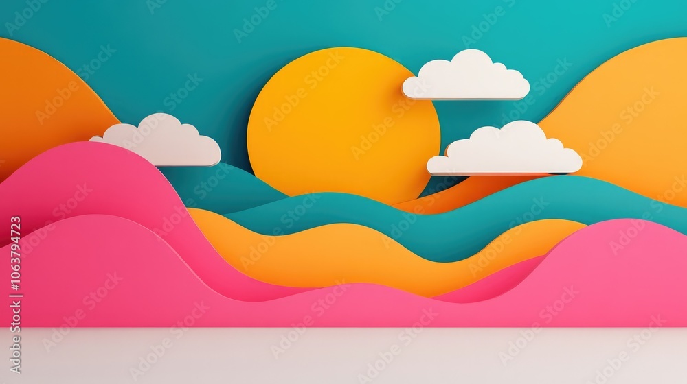 A vibrant, colorful paper landscape featuring abstract waves, a bright sun, and fluffy clouds against a teal background.