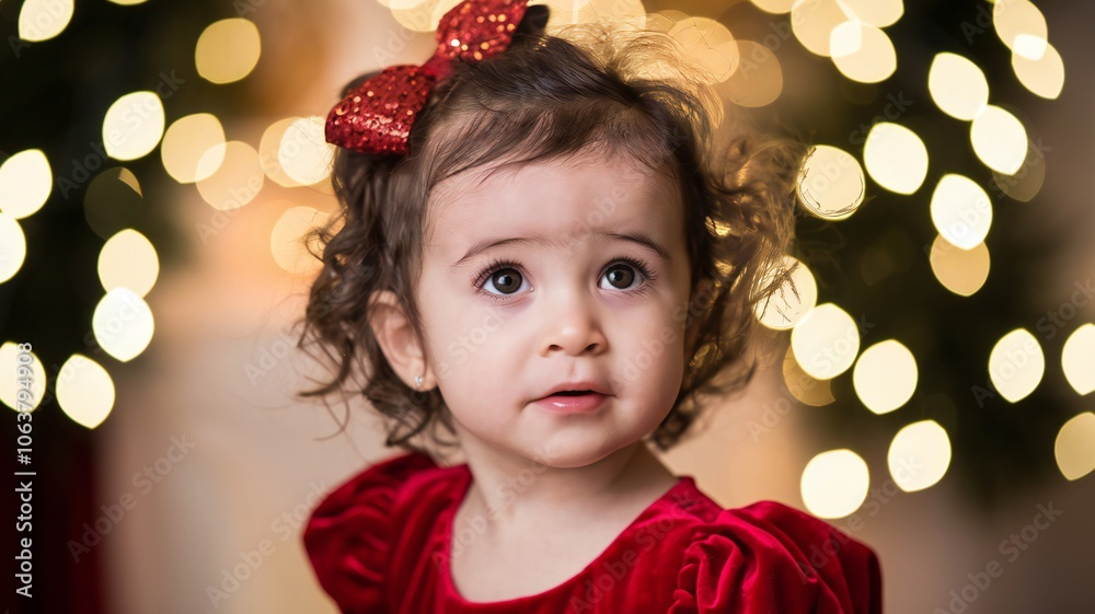 Cute Little Girl in Red Dress with Christmas Lights Bokeh Cute Little Girl in Red Dress with Christmas Lights Bokeh