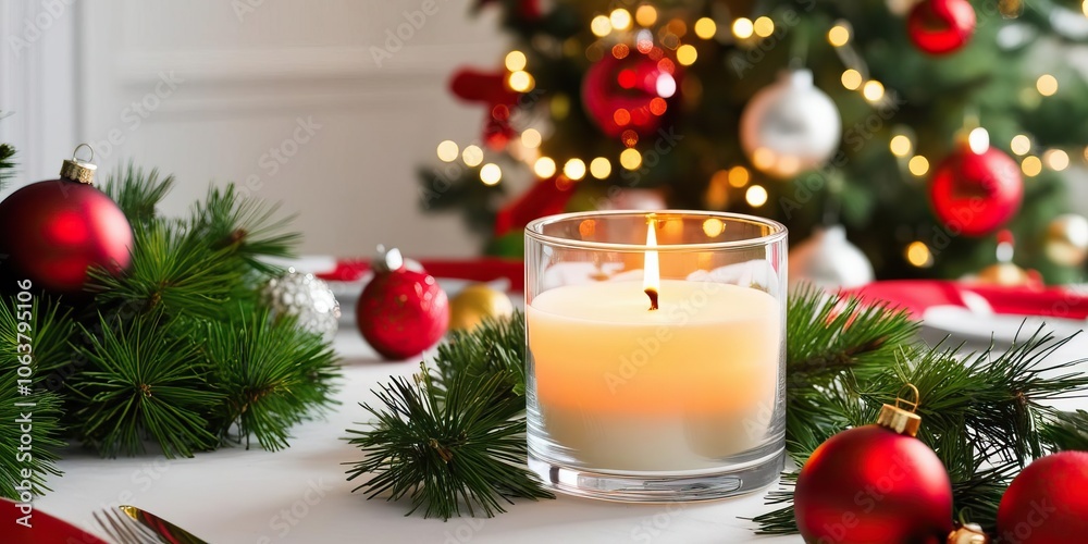A cozy holiday setting featuring a lit candle on a table, surrounded by festive greenery and ornaments, with a beautifully decorated Christmas tree in the background. A cozy holiday setting featuring a lit candle on a table, surrounded by festive greenery and ornaments, with a beautifully decorated Christmas tree in the background.