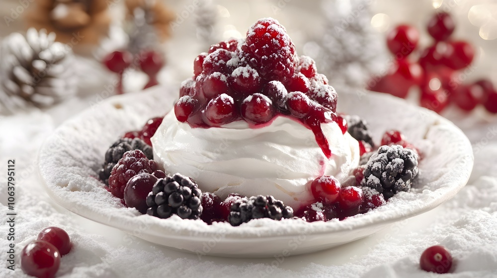 a plate of whipped cream and berries on a tablecloth with pine cones and pine cones in the background a plate of whipped cream and berries on a tablecloth with pine cones and pine cones in the background