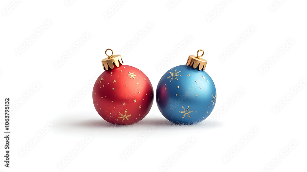 Realistic Christmas ornaments in red and blue are depicted on a simple white background in this illustration Realistic Christmas ornaments in red and blue are depicted on a simple white background in this illustration