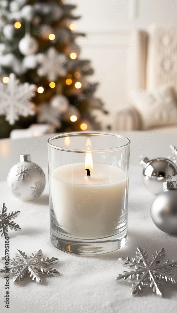 A warm candle glows beside silver ornaments and snowflakes, creating a festive ambiance with a Christmas tree in the background. A warm candle glows beside silver ornaments and snowflakes, creating a festive ambiance with a Christmas tree in the background.