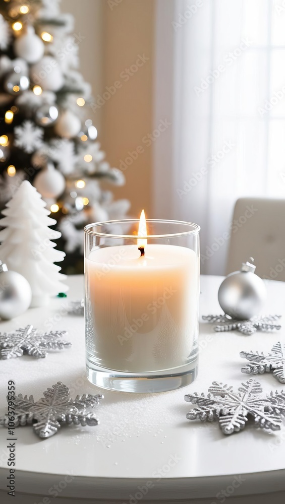 A lit candle sits on a table surrounded by silver ornaments and snowflake decorations, with a Christmas tree in the background, creating a cozy holiday ambiance. A lit candle sits on a table surrounded by silver ornaments and snowflake decorations, with a Christmas tree in the background, creating a cozy holiday ambiance.