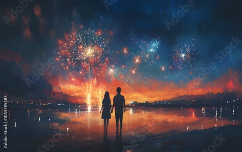 A romantic couple stands together watching vibrant fireworks illuminate the night sky over a serene water landscape.