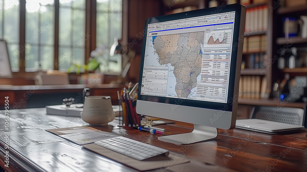 Obraz premium Modern Desk Setup with Computer Displaying Geographic Data Map