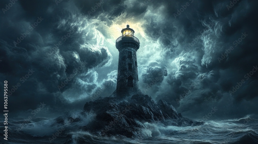 A weathered lighthouse stands tall on a rocky outcrop, its beacon shining brightly through a stormy night sky. A weathered lighthouse stands tall on a rocky outcrop, its beacon shining brightly through a stormy night sky.
