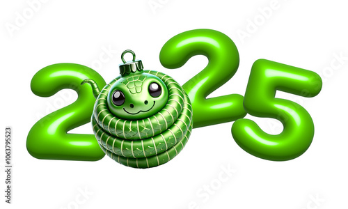 2025 New Year with Cute 3D green snake in the form of a Christmas ball. Symbol of the 2025 New year, zodiac sign. Isolated png on white background