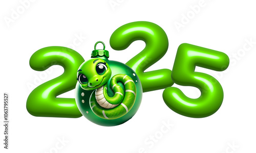 2025 New Year with Cute 3D green snake in the form of a Christmas ball. Symbol of the 2025 New year, zodiac sign. Isolated png on white background